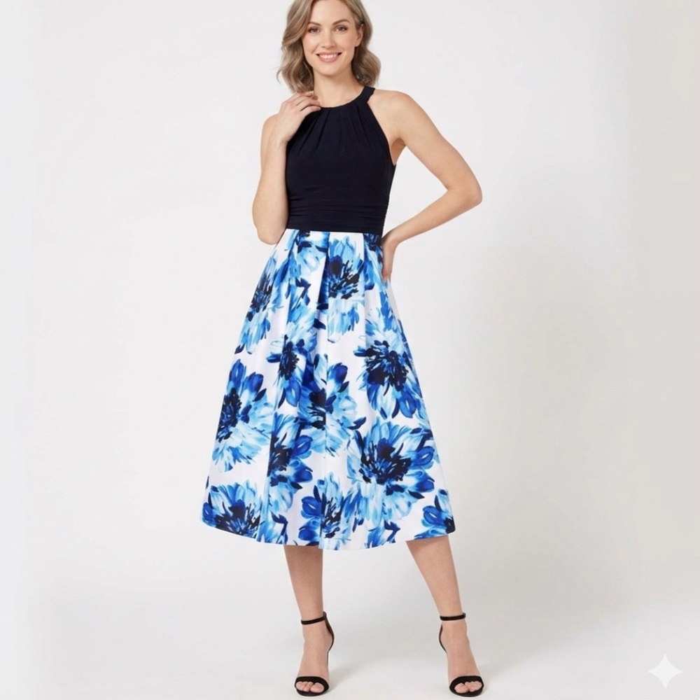 SLNY Blue Black Floral Halter Fit & Flare Midi Dress NWT 14 Cocktail Glam